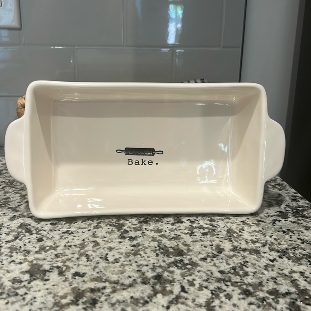Rae Dunn Ceramic Baking Dish "Bake", Bread Loaf Pan, Kitchen Baking Decor